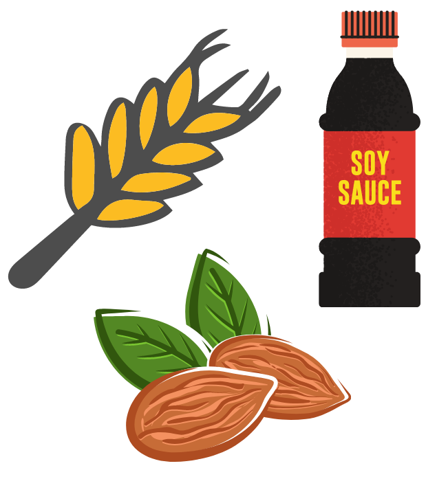 Illustration of a bottle of soy sauce, wheat, and almonds