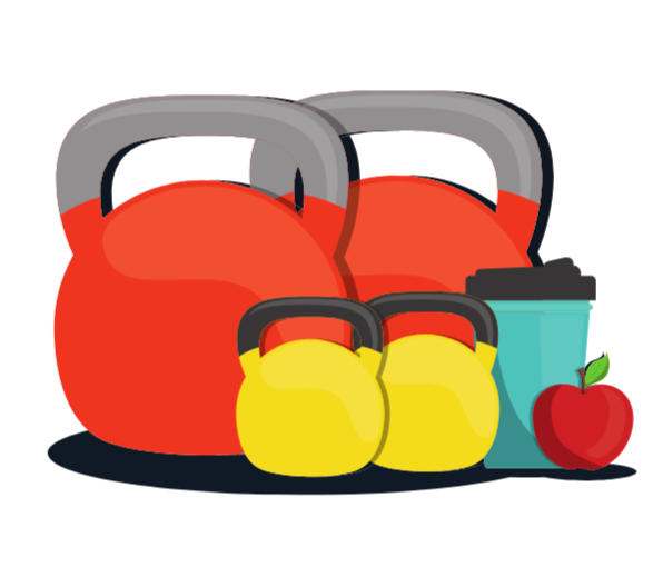 Illustration of two large kettlebells, two small kettlebells, a shaker cup, and an apple