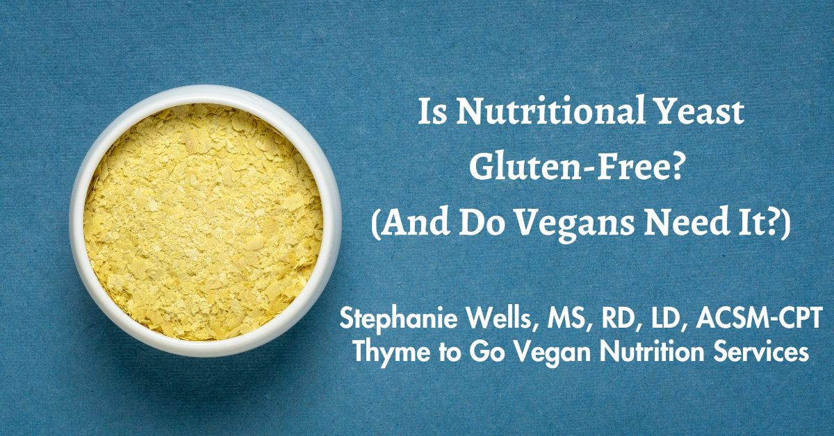 Blue background with a dish of nutritional yeast with text overlay reading "Is nutritional yeast gluten-free? And do vegans need it?"