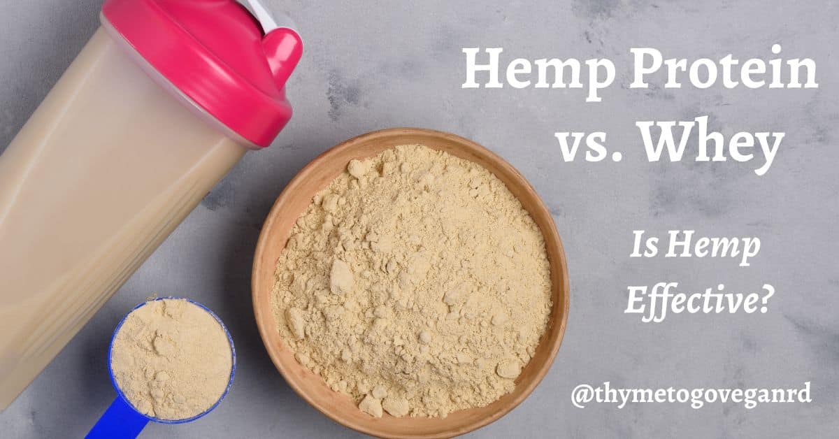 A shaker bottle and scoop of protein powder on a marble countertop with text overlay reading "hemp protein vs. whey, is hemp effective?"