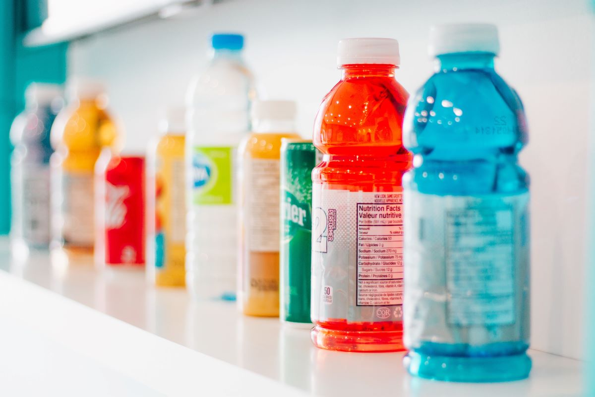 line of brightly colored sports drinks