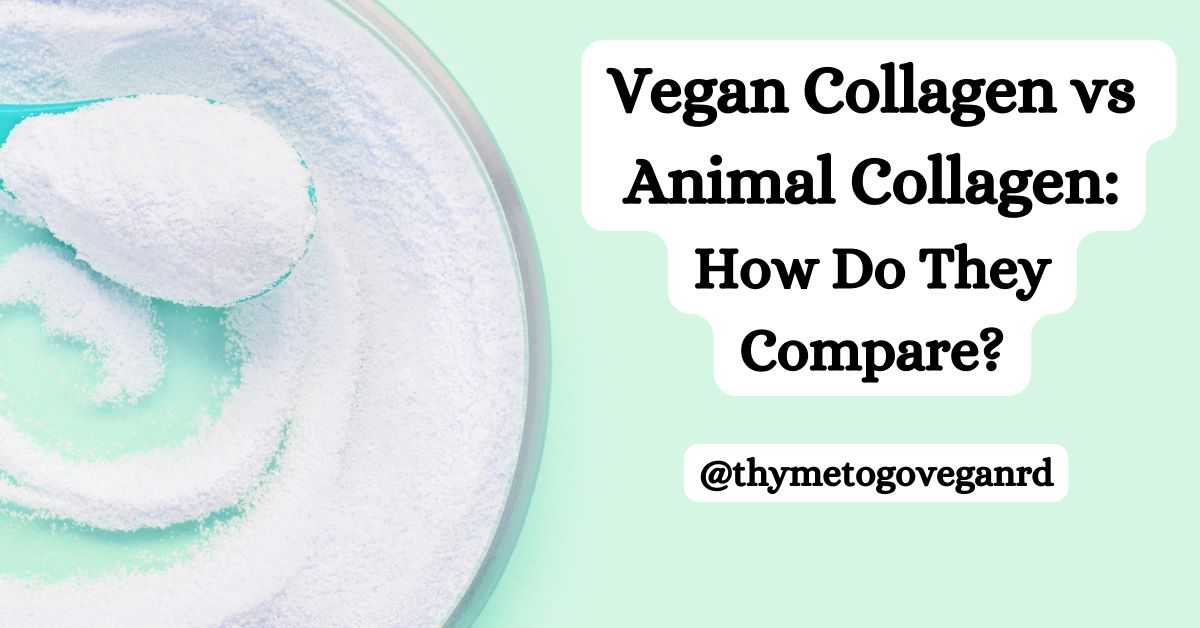 White collagen powder on a spoon with text overlay reading "vegan collagen vs animal collagen: how do they compare? @thymetogoveganrd"
