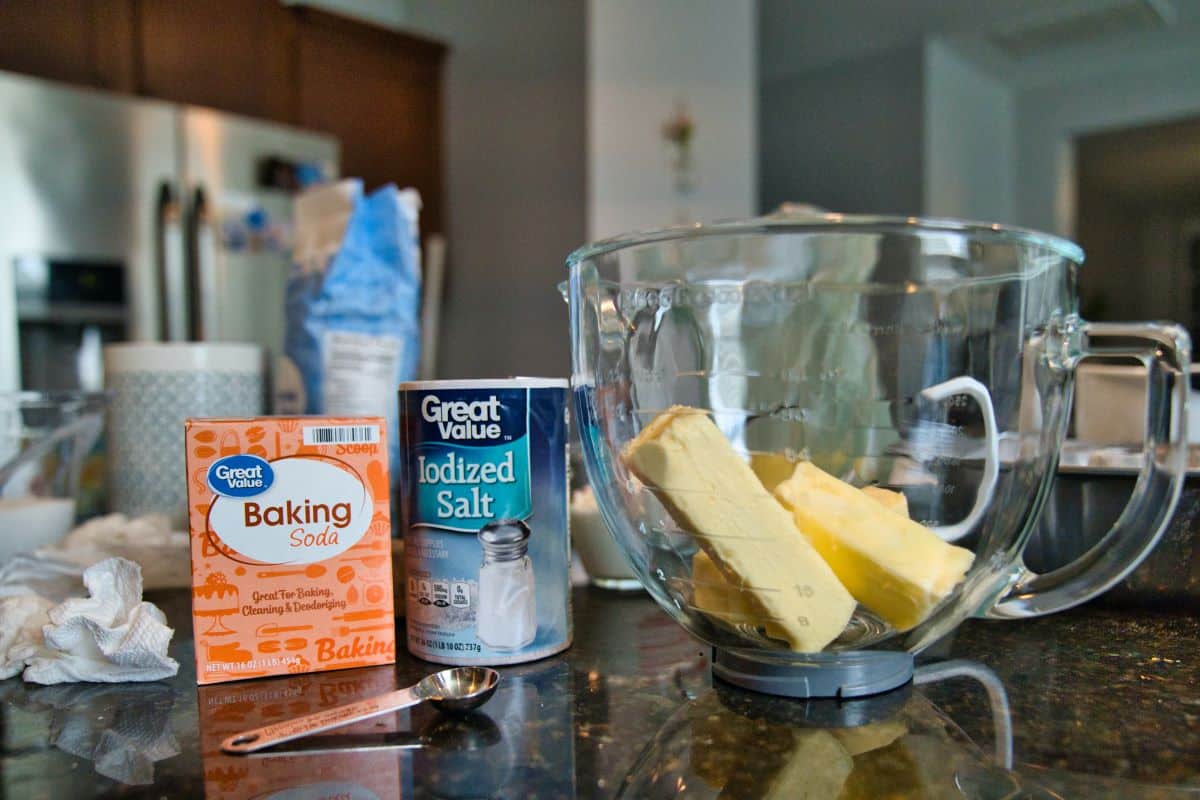 Ingredients for baking a cake laid out on a countertop