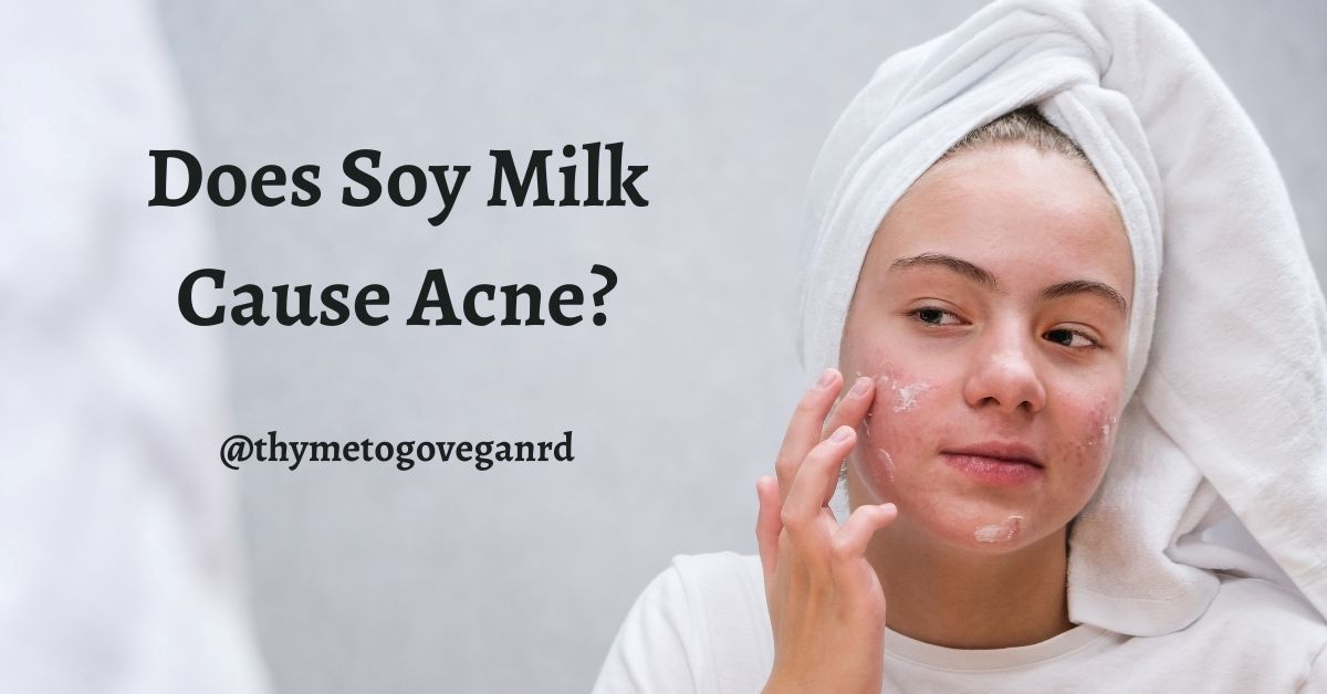 Woman applying acne cream with text overlay reading "does soy milk cause acne?"